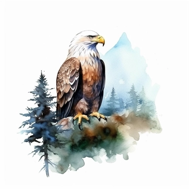 watercolor style, eagle with the mountain forest in the back clipart, isolated on white background, hd