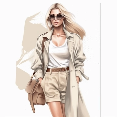 beautiful blonde girl in fashionable clothes in shades of beige, khaki and cream, clipart, isolated on white background, 4K