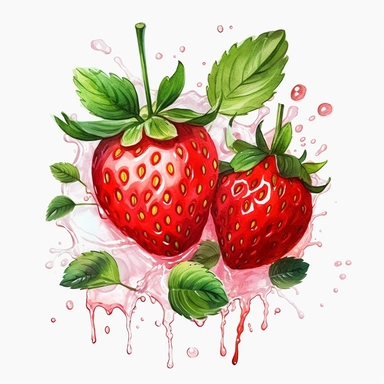 clipart, water color, straberry cut in half with green leaves all around, water dropplets, white background