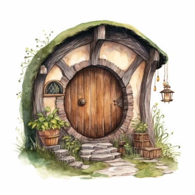 watercolor hobbit door clipart, white background
