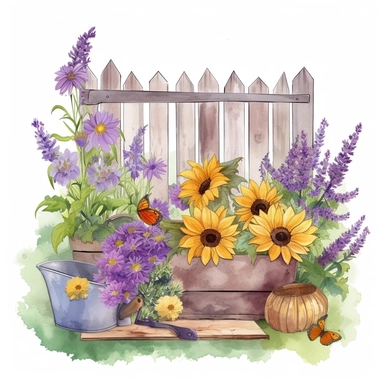 Create a charming garden display featuring lavender, wildflowers, and sunflowers, with rustic scenes in the background, all presented in a watercolor clipart style. This illustration should evoke a sense of natural beauty and serenity. The focus should be on the vibrant flowers and the peaceful surroundings. Begin by sketching the outline of the garden display. Position the lavender, wildflowers, and sunflowers in an aesthetically pleasing arrangement. Consider varying heights, shapes, and color