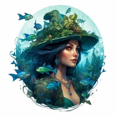 blue green which elf mermaid pretty woman with which hat surrounded by water in fish in the style of floral surrealism, twinkling fairy lights, castle and bats, crowcore, frostpunk, steampunk, detailed character illustrations, detailed comic book art, luminosity of water, hyper realistic, isolated white background, 8k, ultra detailed clipart, uplighted
