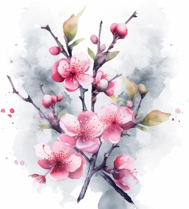 watercolor clipart,a screenshot of a branch with pink flowers that appear to be blooming, in the style of chinese iconography, magali villeneuve, unexpected fabric combinations, multiple filter effect, feminine sticker art, i can't believe how beautiful this is, pictorial harmony