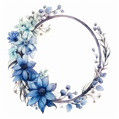 watercolor clipart of a empty suttle dainty floral oval frame surrounded by dusty blue color flowers. Capture the essence of blooming beauty and intricate details in your artwork, white background