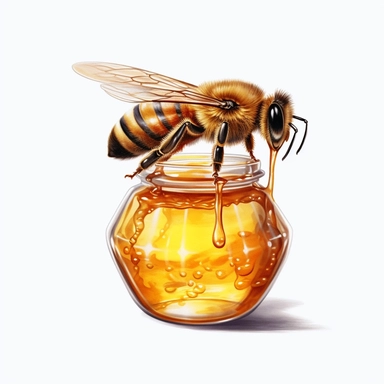 honey bee eating from beauty jar with honey realistic clipart on white backround