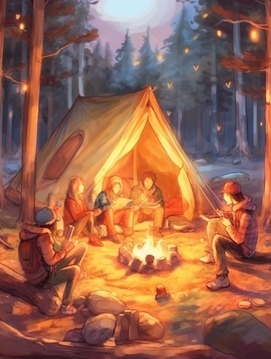 create a hand drawn watercolor clipart depicting campfire surrounded by tent, camping gear, and people enjoying the warmth of the fire, 4k,