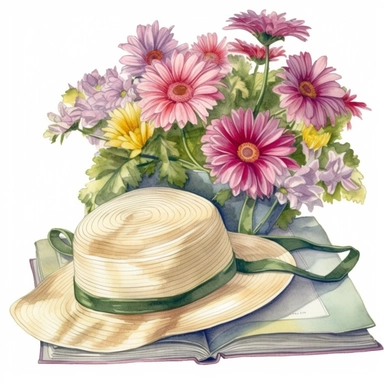 Clipart watercolor pastel colors of a garden with important vegetation, among the vegetation a beautiful wide-brimmed female hat, a bouquet of colorful gerberas tied with a ribbon, an open book, all on a blanket, detailed, realistic, high definition, delicate shadows, white background
