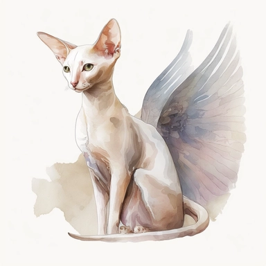 cute Oriental Shorthair cat with angel wings watercolor clipart on white background