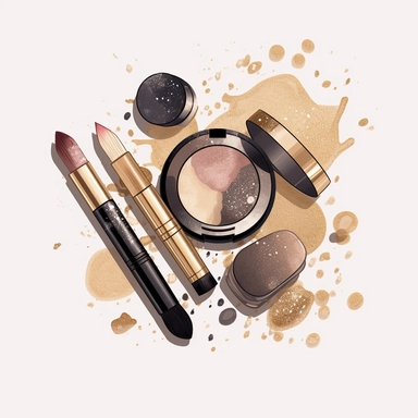 Lipstick, Beige blush, round blush, blush brush, eye pencil, glitter, blush brush, eye shadows, High detailed women fashion makeup accessories clipart, pink, gold and black colors, white background, no shadow, procreate drawn style
