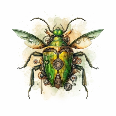 a steampunk style mechanic green bug with watercolor effect,steampunk style gear wheels,unrealistic,suitable for digital cliparts , fantastic scene , high quality,fantastic scene