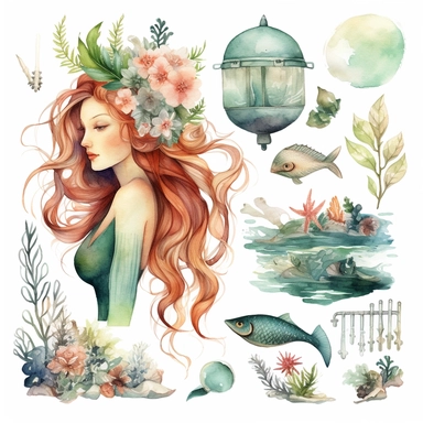 Immerse yourself in the captivating beauty of a mythical water realm with this watercolor PNG clipart set, featuring awe-inspiring underwater landscapes, enchanting sea creatures, whimsical mermaid homes, and a clean white background that sets the stage for your artistic adventures.