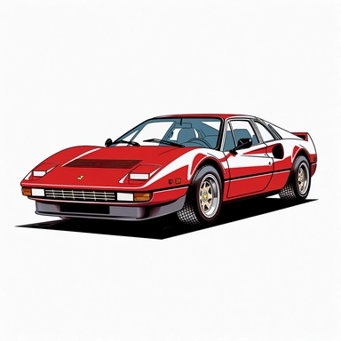 in clipart style, vector image, A meticulously crafted illustration of a red 1975 Ferrari 308 GTB , highlighting its iconic design and graceful contours, placed against pure white background (style: evoking the accuracy and refinement of classic automobile blueprints) (lighting: deliberate, directional lighting, casting gentle highlights and shadows on the car's structure) (colors: an elegant palette for the car's body set against a pristine, white backdrop) (composition: captured from a side vi