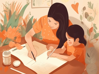 This clipart shows a mother and child crafting a scrapbook together. They are pasting photos, stickers, and handwritten notes.