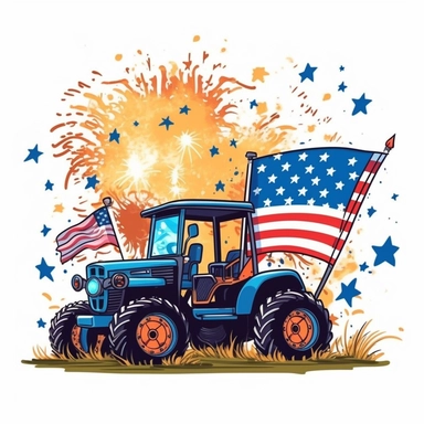 Super cute, American flag with tractor and firework Sublimation Clipart, Cartoon funny, Cute anime, Very detailed, blue sky colorful background