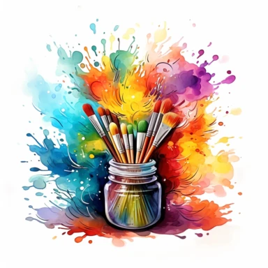 Design a watercolor-style clipart of an artistic paintbrush, paired with a paint container from which vibrant colors are freely flowing. Utilize a broad color palette, drawing from the spectrum of a rainbow, and keep the background a crisp white to let the subject shine. Begin with the paintbrush, focusing on its wooden handle and bristles. Use soft browns for the handle, letting the color blend naturally to add depth and texture. For the bristles, use a light gray, adding darker shades where th