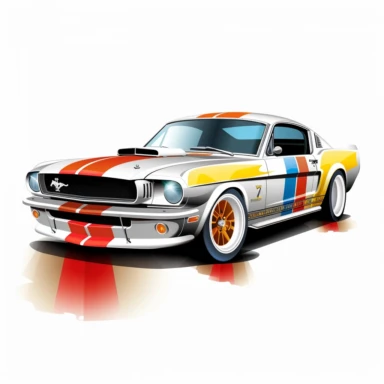 mustang racing car clipart, white background, digital illusion, vector art, high resolution, photo realistic, close up