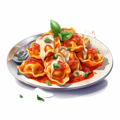 watercolor ultra realistic and hyper detailed illustration of a traditional italian Tortellini in Tomato Cream Sauce (with cheese or meat filling) on a plate clipart, white background