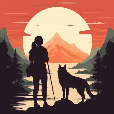 clipart element, simple, flat colors, vector, woman and husky dog silhoutte in front of mountain
