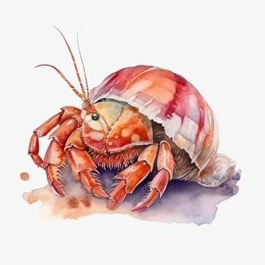 A Watercolor Hermit crab, full body, vividly bold designs png realistic cartoon in 32K UHD cute. 15 cm thick outline. There was no shadow on the ground. 8k with realistic watercolors. and detailed illustrations, clipart, white background