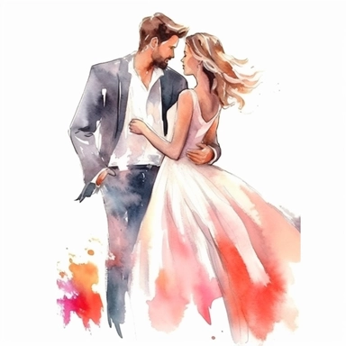 Artistic cute wedding illustrations clipart, newlyweds, on a white background, vibrant color watercolors, husband and wife on their wedding day, love, realistic watercolor painting style
