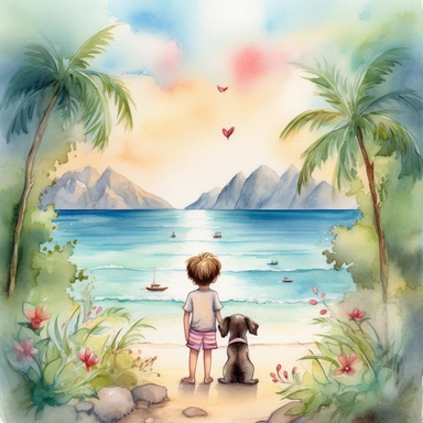 watercolour, tropical island setting, showcase a cute little boy (he is aged 4) standing with his back towards us, sitting overlooking the ocean with his little adorable puppy, the puppy has tropical flowersd around his neck, the feeling is happy, magical, the clouds in the sky are fluffy in the shape of a love heart to signify the love between the little boy and his best friend, boththe boy and the puppy are sitting with their backs towards us, clipart style