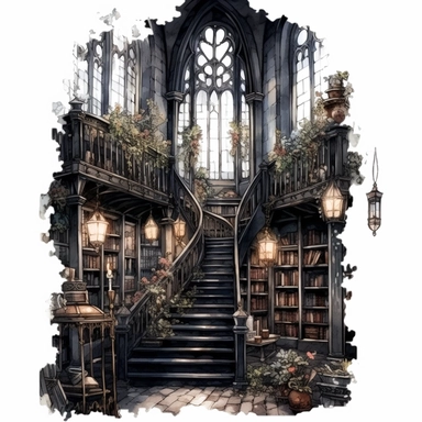 gothic watercolor clipart, old dark and atmospheric library with bookshelves, ladder, stained glass, high ceilings, big chandlier, winding stairs, flowers, , dark academia aesthetic, dark aesthetic, detailed, UHD, 8K, 3D, solid white background