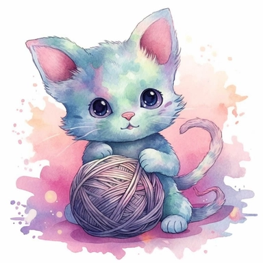 A watercolor painting of a kitten holding a ball of yarn.