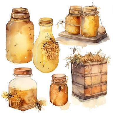 watercolor clipart, bees, honey, jars, hive, honeycomb, extremely detailed, realistic