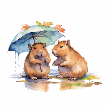 isolated clipart on a white background of a watercolor happy cute little capybaras illustration, in the style of zbrush, storytelling, mashup of styles, in the style of daniel f. gerhartz, transcendent, nikon d850, art of burma, captures the essence of nature, in the style of organic forms and patterns, expansive skies, hyper-detailed illustrations, i can't believe how beautiful this is, lively colors
