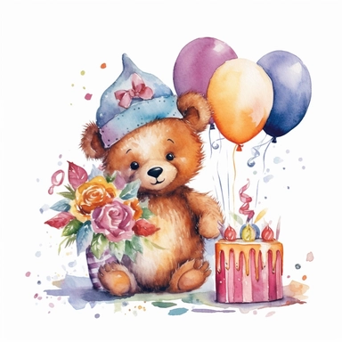 cute cartoon bear , celebrating birthday party, rainbow colours, flowers, watercolor clipart, pure white background