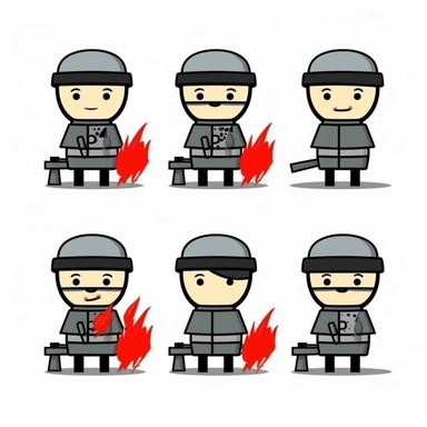 /imaginea set of black line clipart inspired by live fire cooking and barbecue and Lego and Funko Pop toys