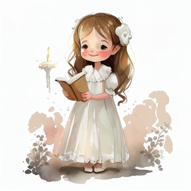 a watercolor clipart of a cute girl wearing a white dress in her first communion with bible in hand, full body clipart, charming smile, smiling, blushing, White PNG background