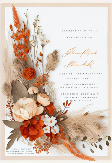 beautiful, intricate, sharp focus, light orange, tan, and brown fall colors, boho wedding invitation with white fluffy tail flowers,white wintergreen berries, dried grasses, dried leaves, dried flowers, show entire invitation, no border, clipart, on white background, flat lay, extreme detail, wedding invitation,