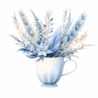 {pastel blue, light blue, soft blue, pale blue} Foxtail bouquet in tea-cup, wet on dry watercolour style, clipart, white background