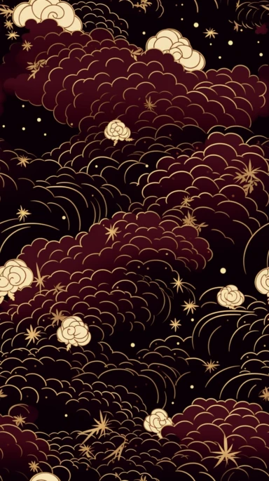 pattern of moon stars and clouds, clipart line drawing in gold ink on dark burgundy background