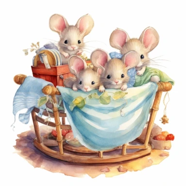 a cute baby mice inside a crib, watercolor, detailed, clipart, hd