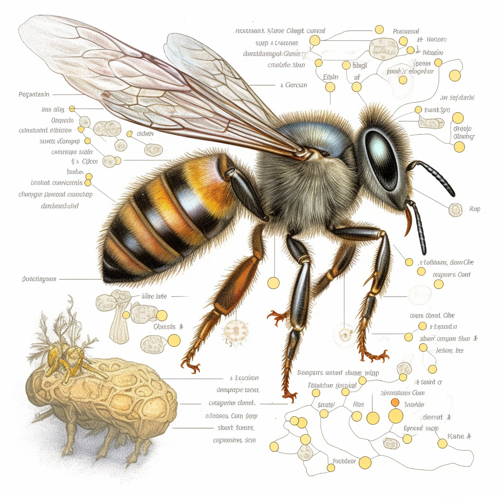 An educational illustration highlighting the anatomy of a bee's hind