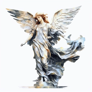 angel statue watercolour in the style of digital airbrushing, realistic yet stylized, digitally enhanced, elaborate costumes, 32k uhd, clipart, white background