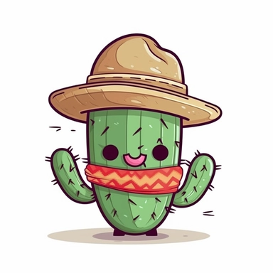 a cute cactus with a sombrero and a mustache, clipart design, super cute, isolated white background, high quality, 2d, vector, flat