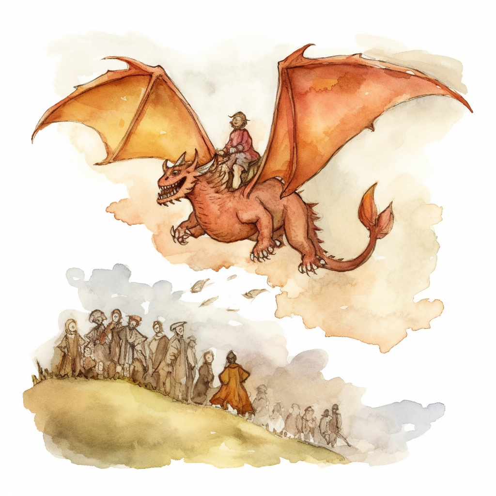 brownish reddish medieval dragon flying alone in the air above peasants who are running in fear watercolor clipart no fonts no words no letters
