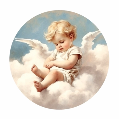 vintage adorable little baby angel sleeping on a cloud, full body, pastel beige colors, clipart style, accurate details, oil painting technique, super high quality, professional watercolor clipart, high resolution