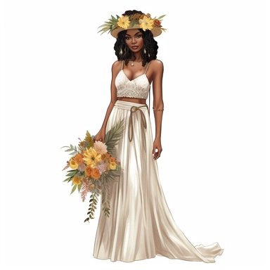 black, african American boho wedding clipart, bride in boho style wedding dress, hyper realistic, detailed, white background
