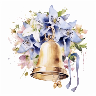 highly detailed image of watercolor style clip art wedding bells with additional overlapping accessories on a white background