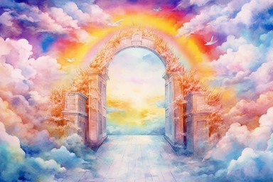 Painting of a long rainbow bridge stretching towards the gates of heaven. The doors to heaven are opening, revealing a colorful and vibrant sky filled with fluffy, rainbow color clouds and beautiful angels with white beautiful piegens, watercolor clipart, fairy tale theme, magical fantasy dreamy style, isolated on white background, hd, no text, no human,