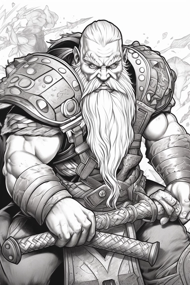 realistic style, bold black lines, fantasy dwarf in combat using axes and hammers hitting themed colouring page, bold black lines, clipart, digital art, colouring page for adults