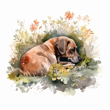 Lazy Dog Sleeping in garden over Flowers and Leaves ,Isolated,Watercolor Clipart