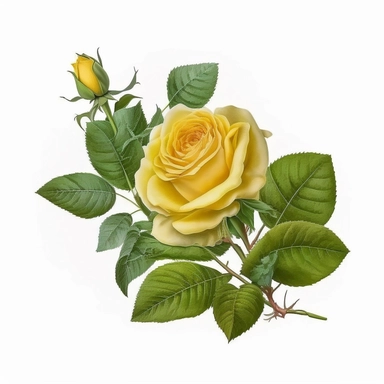 watercolor (canary yellow roses) clipart, (canary yellow roses) floral corsage of one blossom, long stem, green leaves, highly detailed, no splash, realistic, isolated on flat white background, no text, high quality image