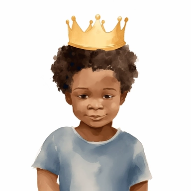 brown-skinned toddler boy with a gold crown, wearing a blue button up top, afro hairstyle, watercolor illustration, minimalist art, clipart, no eyes, no nose, no lips, faceless,
