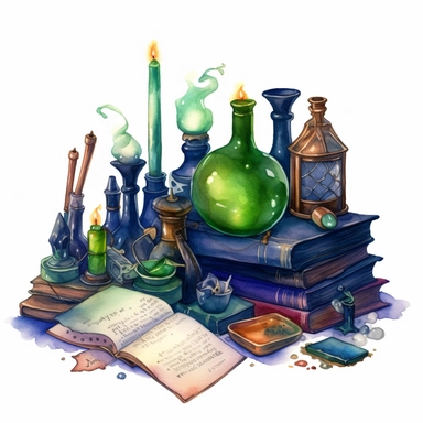a wizzard study space with scrolls, candles, books, magical items, potions, watercolor, clipart, airbrush art, scientific illustrations, realistic color schemes, intense green and dark blue colors, white background