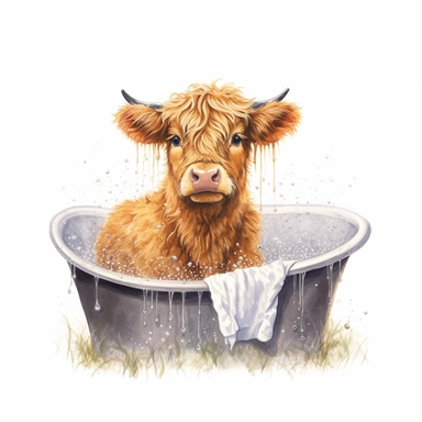 highland calf in a wash tub with bubbles, clip art, white background